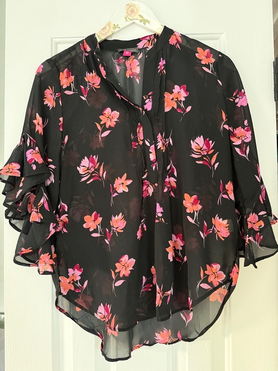 Vince Camuto Tops - Vince Camuto Black Sheer Blouse with Pink & Coral Floral Print